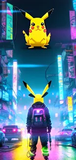 Pikachu stands in a neon-lit cyberpunk city street at night.