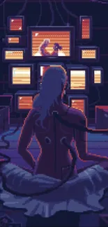 A cyberpunk pixel art scene with screens and a figure, in dark and vibrant colors.