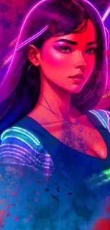 Cyberpunk-inspired artwork with vibrant neon colors and a futuristic female portrait.