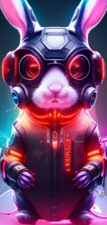 Cyberpunk rabbit in neon armor, vibrant digital art wallpaper.