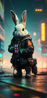 Cyberpunk rabbit standing in a neon-lit street.