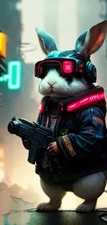 Cyberpunk rabbit holding a gun in a neon cityscape.