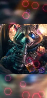 Futuristic raccoon with neon lights and cybernetic details in a sci-fi setting.