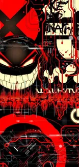 Cyberpunk wallpaper with red circuitry and a sinister smile design.