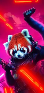 Cyberpunk red panda in vibrant neon urban scene