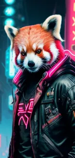 Red panda in neon cyberpunk jacket with city lights.