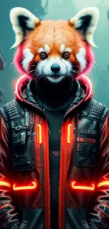 Cyberpunk red panda in neon urban scene.