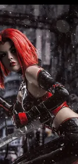 Redheaded cyberpunk warrior in a snowy dystopian setting.