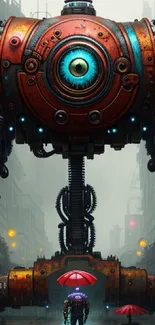 Giant robot in a cyberpunk city with red umbrella.