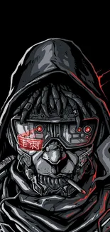 Cyberpunk samurai with hood and red accents in digital art style.