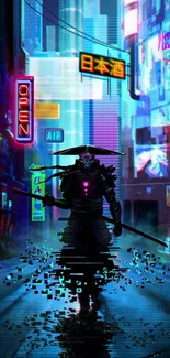 Cyberpunk samurai under glowing neon city lights, capturing futuristic vibes.