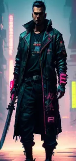 Cyberpunk warrior in neon-lit cityscape.