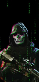 Cyberpunk skull soldier with digital code background on mobile wallpaper.