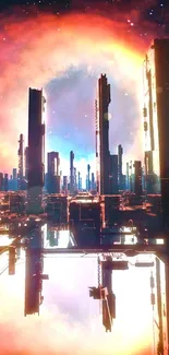 Futuristic cyberpunk city skyline at sunset with vibrant colors.