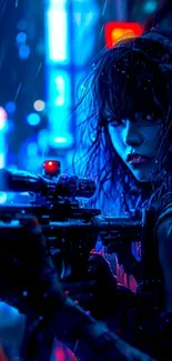 Cyberpunk sniper in neon city wallpaper.