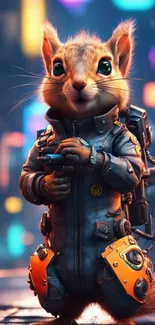 Cute squirrel in cyberpunk armor, vibrant city backdrop.