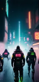 Cyber warriors in a neon-lit futuristic city.