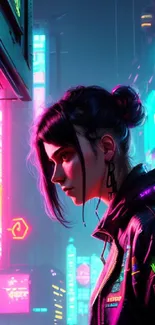 Cyberpunk girl in neon city with vibrant lights and futuristic setting.