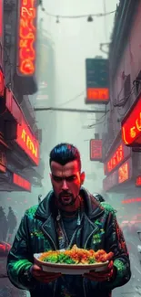 Cyberpunk scene with neon-lit street and man holding food.