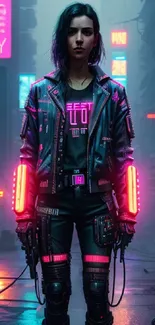 Cyberpunk character in neon-lit street with futuristic fashion.