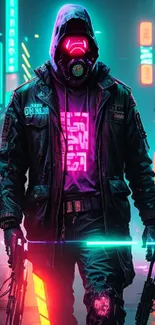 Cyberpunk warrior in neon-lit urban street.