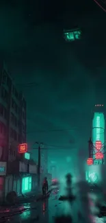 Cyberpunk night scene with neon signs and dark urban street.