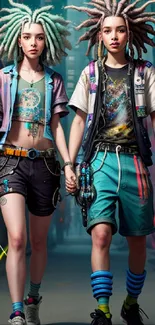 Two young adults in cyberpunk streetwear with neon lights.