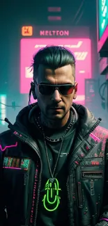 A cyberpunk character in a neon-lit urban setting with vibrant colors.