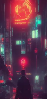 Futuristic cyberpunk city with neon lights at night.