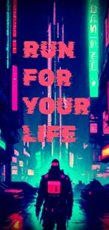 Mysterious figure in neon cyberpunk cityscape with vibrant lights.