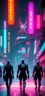 Five figures in futuristic gear walk under neon lights in a cyberpunk city scene.