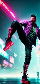 Cyberpunk urban scene with neon lights and futuristic fashion.