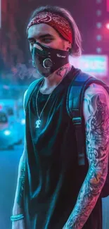 Tattooed person in cyberpunk city setting with neon lights.