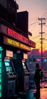 Cyberpunk urban scene with neon lights and sunset in the background.