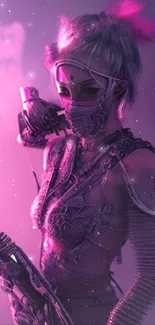 Cyberpunk warrior with neon pink and purple tones, holding a futuristic weapon.