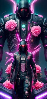 Cyberpunk warrior with neon pink roses in futuristic artwork.