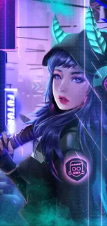 Futuristic anime girl in a vibrant cyberpunk setting.