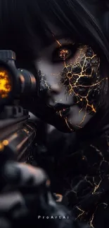 Cyborg with illuminated face aiming futuristic weapon