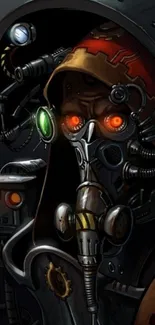 Cyberpunk warrior with neon eyes and robotic mask in a dark setting.