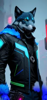 Cyberpunk wolf character in neon-lit city streets.