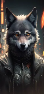 Anthropomorphic wolf in cyberpunk city wallpaper.