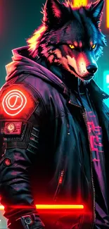 Cyberpunk wolf in neon lights with orange and blue hues.