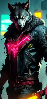 Cyberpunk wolf in a neon-lit urban scene with a futuristic vibe.