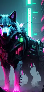 Cyberpunk wolf with neon colors in futuristic cityscape.