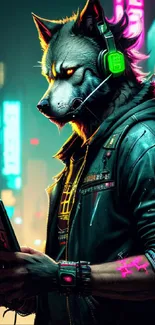 Cyberpunk wolf in a neon-lit city, holding a device.