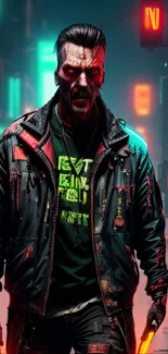 Cyberpunk-style zombie in neon-lit urban setting.