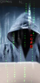 Hooded figure with green code matrix background, cyber-themed wallpaper.