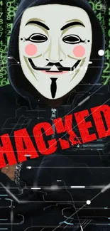 Hacker with mask and red 'Hacked' sign on digital backdrop.