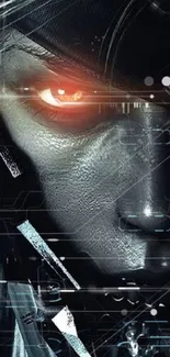 Futuristic cyborg face with glowing eye wallpaper.