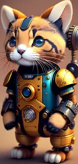 Cyborg kitten in metallic suit wallpaper.